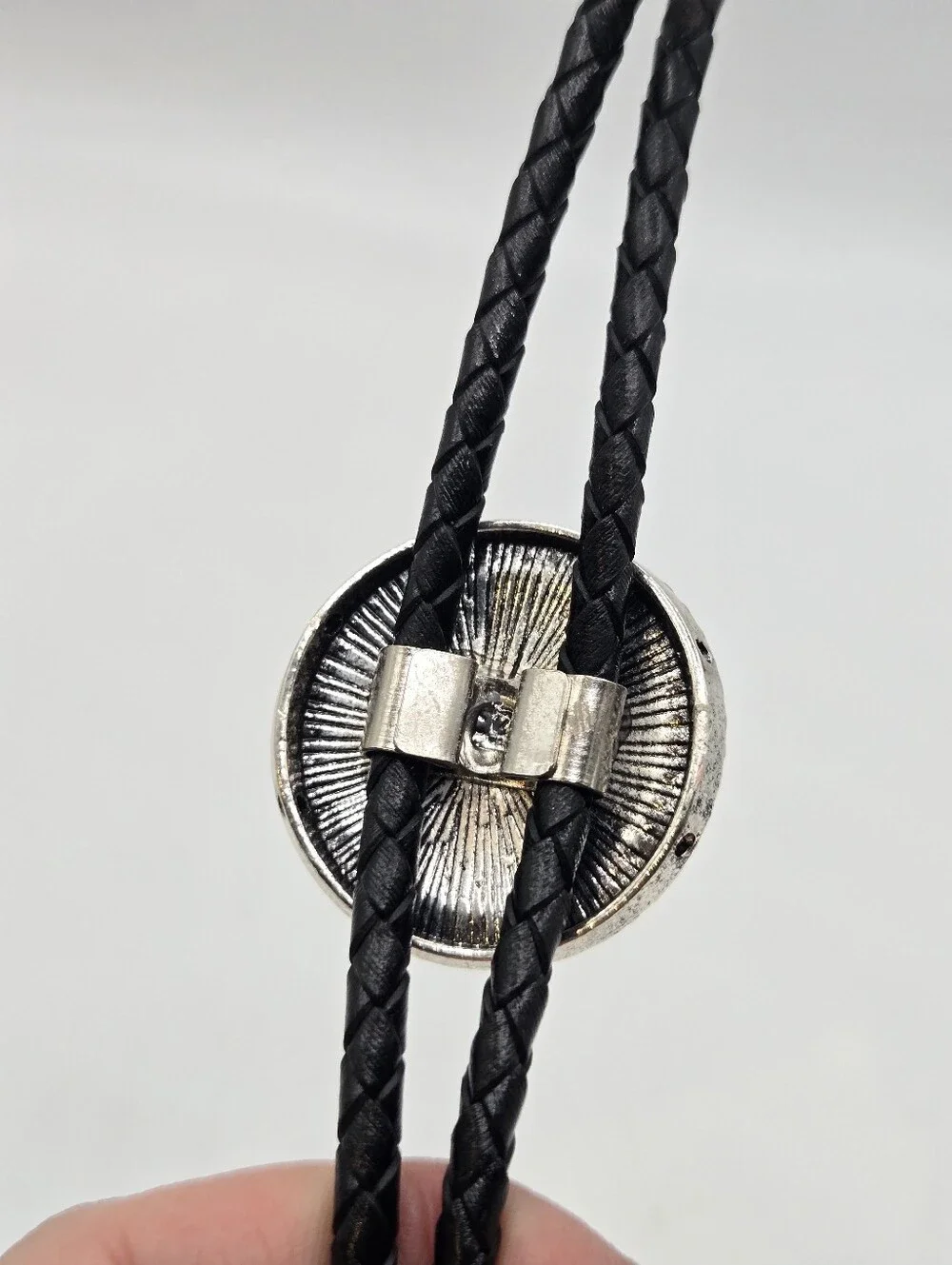 Lapis Silver Skull Western Bolo Tie Punk Pirate Goth Leather Braid Rockstar 70s